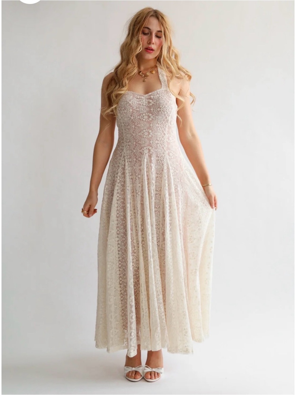 Wild Rose & Sparrow Cream Floral Lace Halter Midi Dress